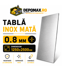 Tabla inox mata AISI 304 2B, 0.8 x 1250 x 2500 mm, 3.125 mp Tabla inox mata AISI 304 2B, 0.8 x 1250 x 2500 mm, 3.125 mp